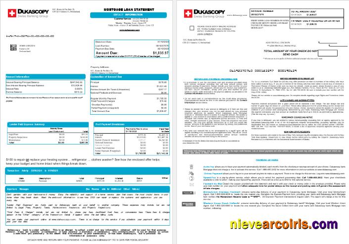 Switzerland Dukascopy bank mortgage loan statement, 8 pages 1-2